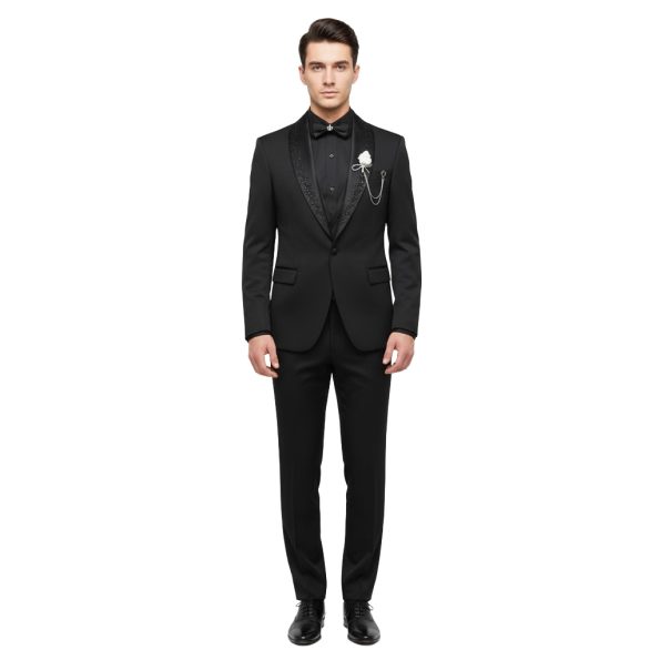 Black 3 Piece Tuxedo Suit With Shawl Lapel For Men