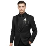 Black 3 Piece Tuxedo With Embroidered Shawl Lapel For Men