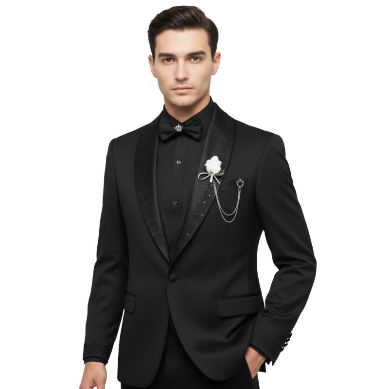 Black 3 Piece Tuxedo With Embroidered Shawl Lapel For Men