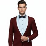 Custom Dark Maroon Tuxedo With White Lapel For Men