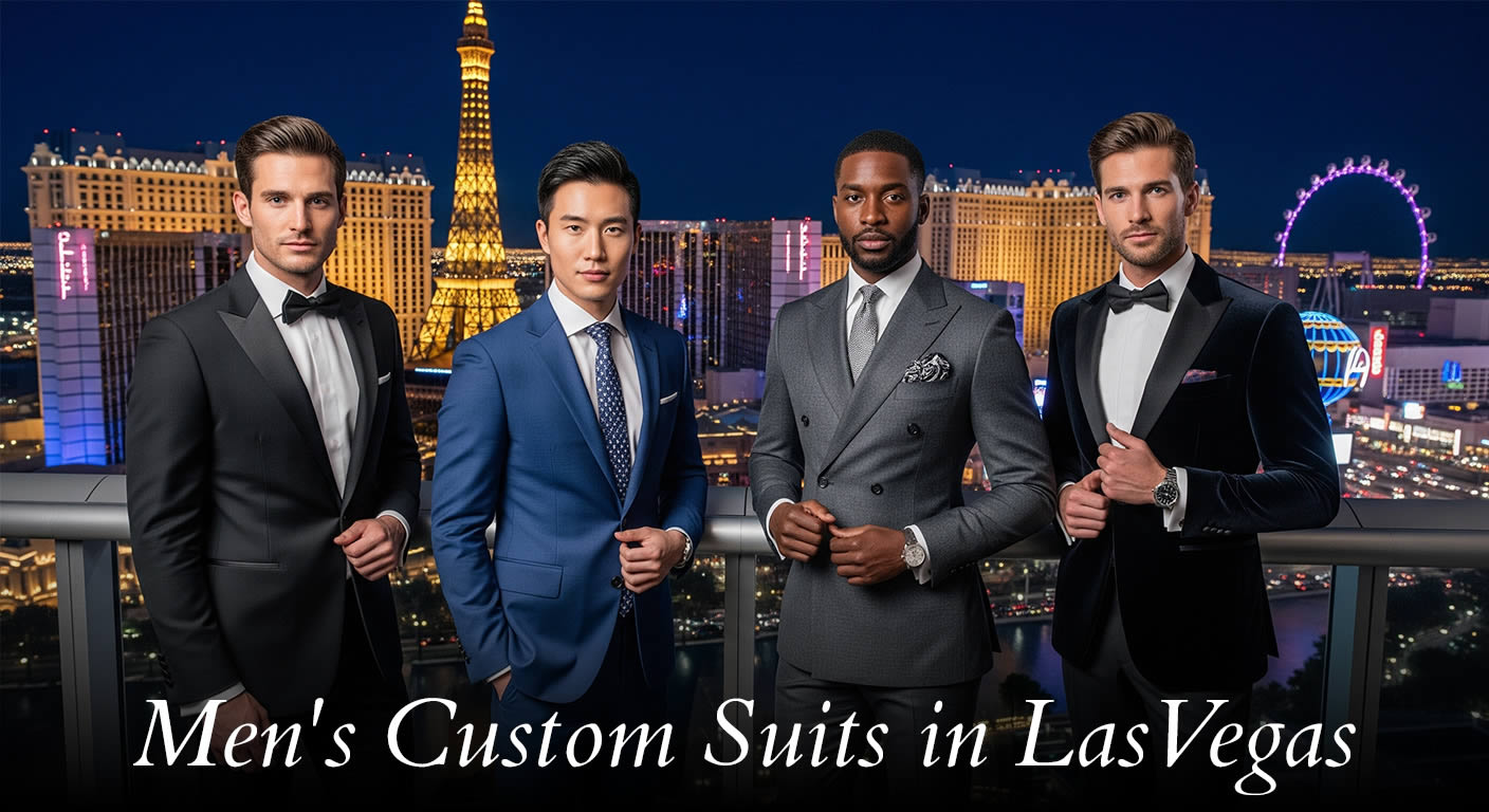 Four men wearing tailored suits on a rooftop overlooking the Las Vegas Strip at night, promoting men's custom suits in Las Vegas.