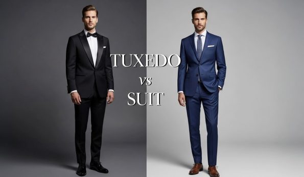 Feature image for Tuxedo vs Suit blog post showing a side-by-side comparison of a man in a black formal tuxedo with a bow tie and a man in a navy business suit with a necktie.