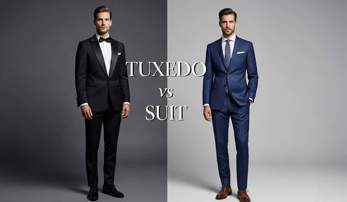 Feature image for Tuxedo vs Suit blog post showing a side-by-side comparison of a man in a black formal tuxedo with a bow tie and a man in a navy business suit with a necktie.