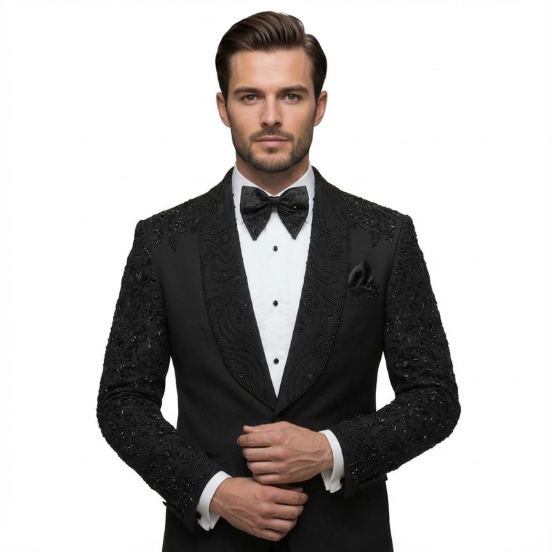 Designer Black Tuxedo With Beaded Sleeves & Lapel