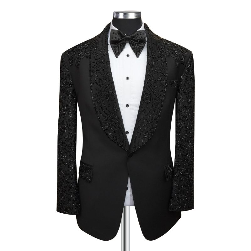 Andre Emilio Black Tuxedo with heavy bead work on shawl lapel and sleeves for grooms
