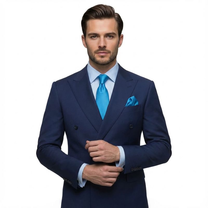 Front view of a Navy Blue Single Button Double Breasted Suit with peak lapels and a slim fit cut by Andre Emilio.