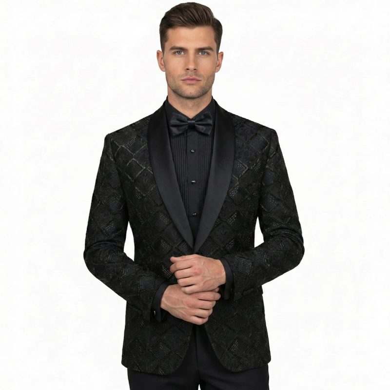 Black Embroidered Tuxedo With Diamond Pattern