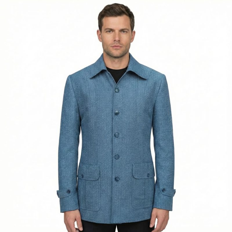 Blue Herringbone Coat For Men