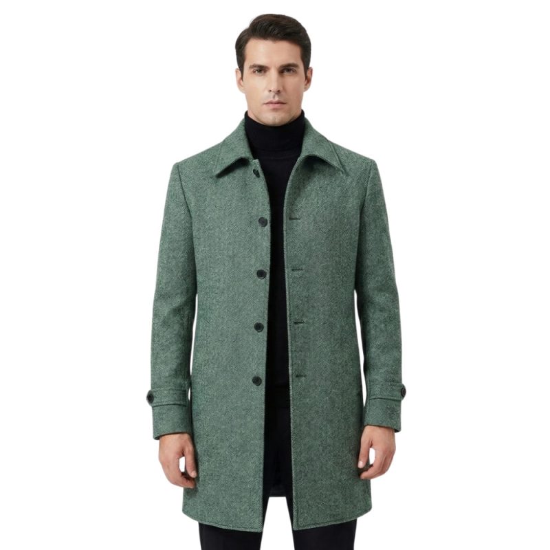 Men wearing green herringbone coat styled as a winter overcoat for daily wear