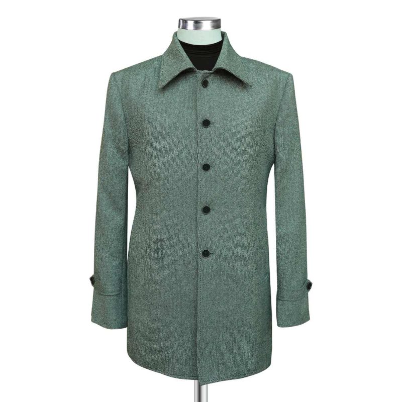 Green herringbone coat for men made from wool with single breasted front and mid length winter design