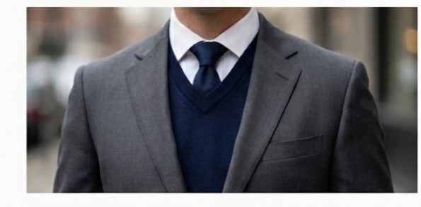 High V-neck sweaters that create an exaggerated V shape against the jacket’s lower buttoning point.