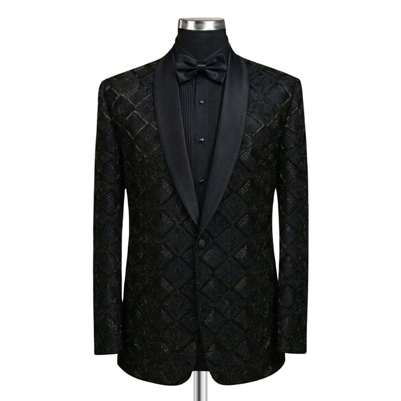 Front View Black Embroidered Tuxedo With Diamond Pattern
