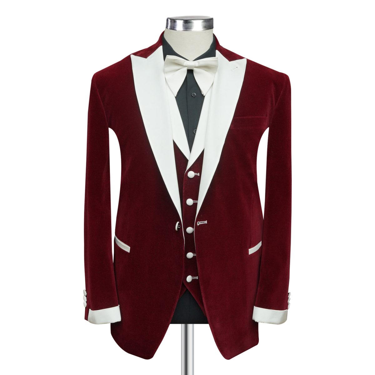 Red Velvet Tuxedo With White Satin Trim