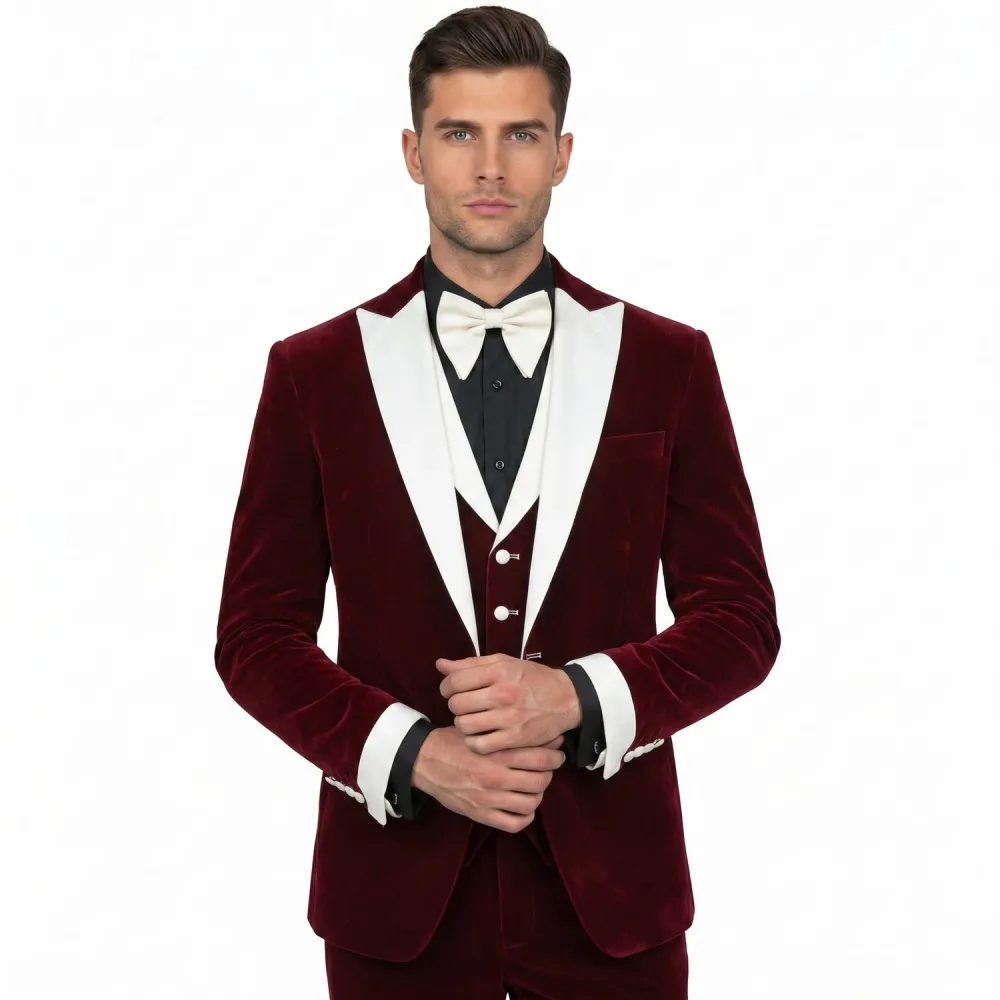 Red Velvet Tuxedo with White Satin Trim by Andre Emilio