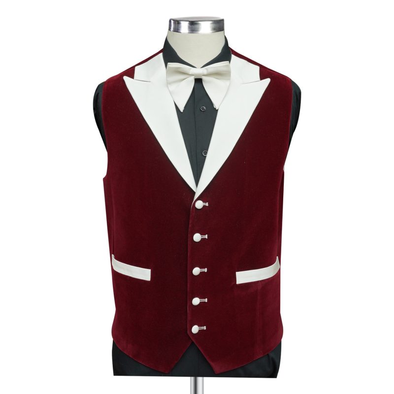 Red Velvet Waistcoat With White Satin Peak Lapel