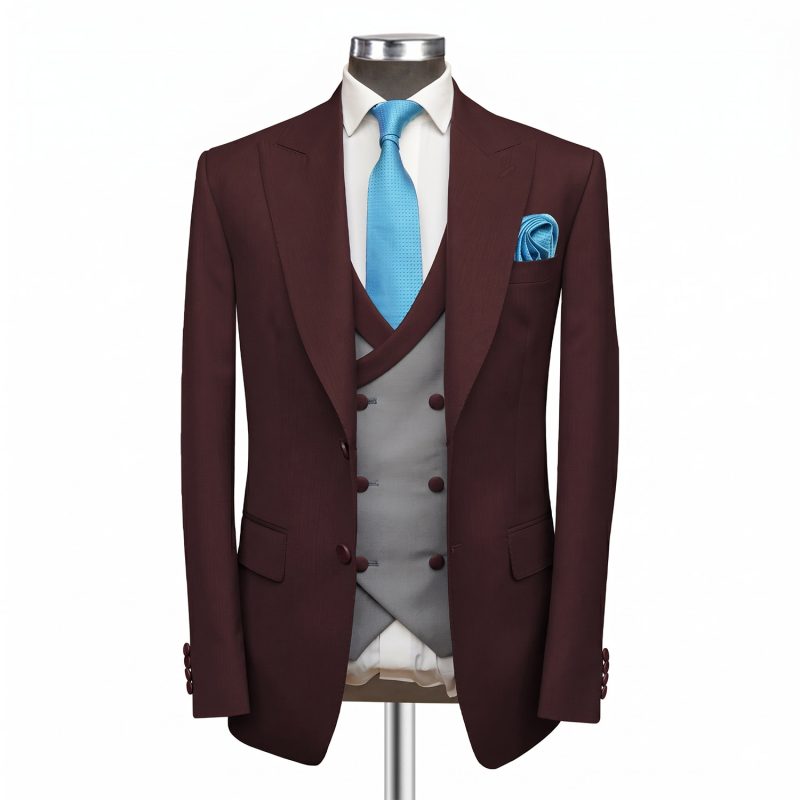 Maroon And Grey 3 Piece Suit Made To Measure Free Shipping