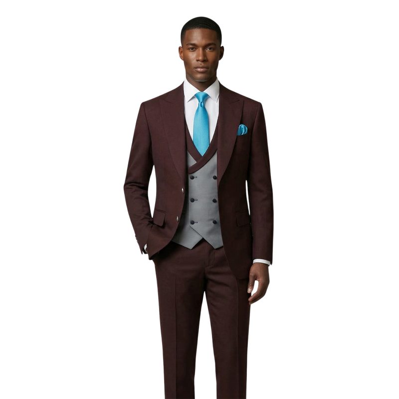 Maroon And Grey 3 Piece Suit For Men