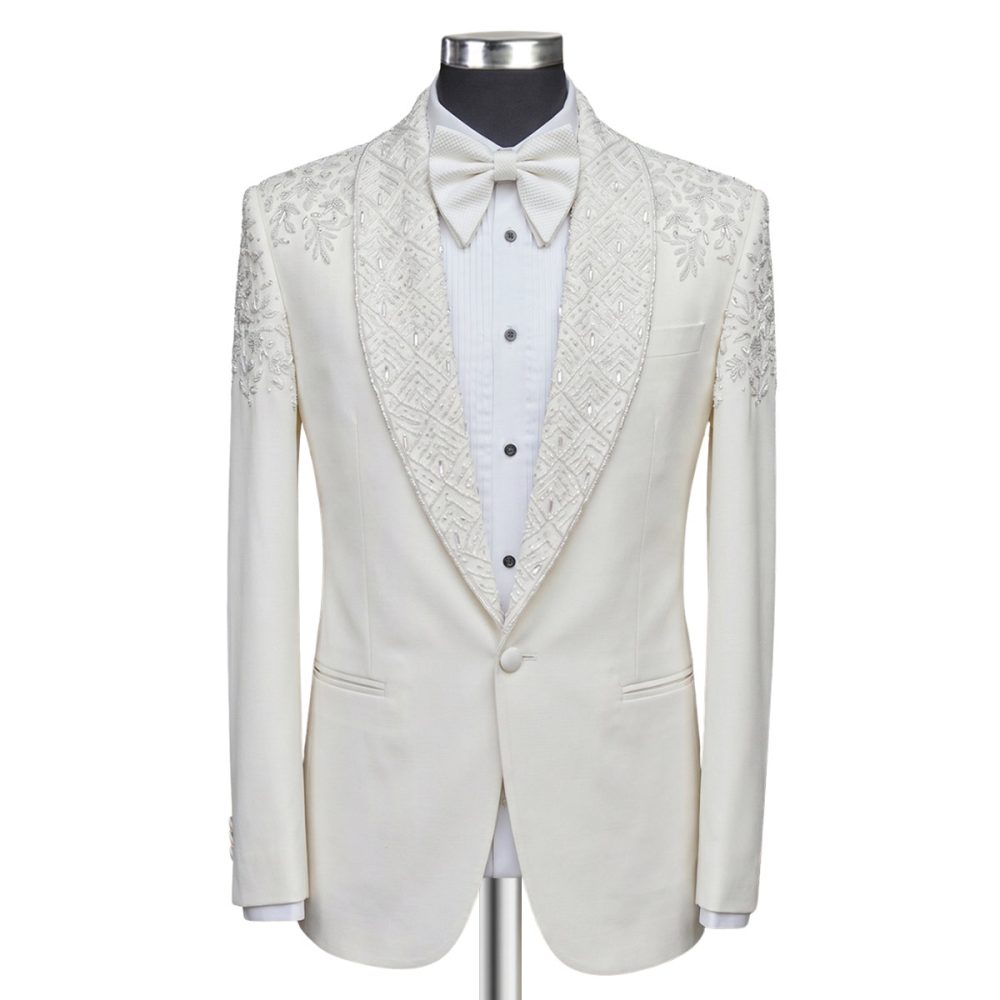 Ivory crystal embellished shawl lapel tuxedo front view – André Emilio