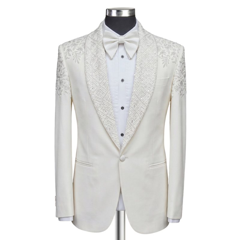 Ivory crystal embellished shawl lapel tuxedo front view – André Emilio
