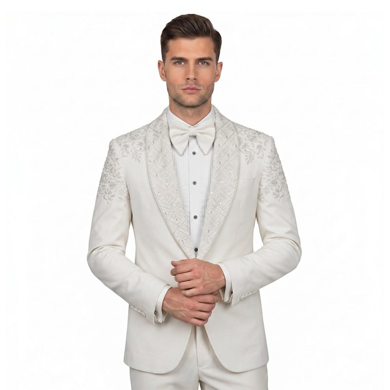 Man wearing ivory embellished wedding tuxedo – André Emilio custom suit