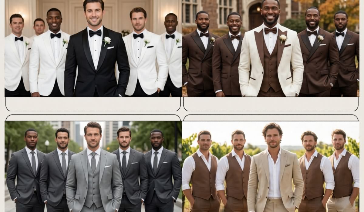 Groom in ivory tuxedo standing with groomsmen in chocolate brown suits at a wedding