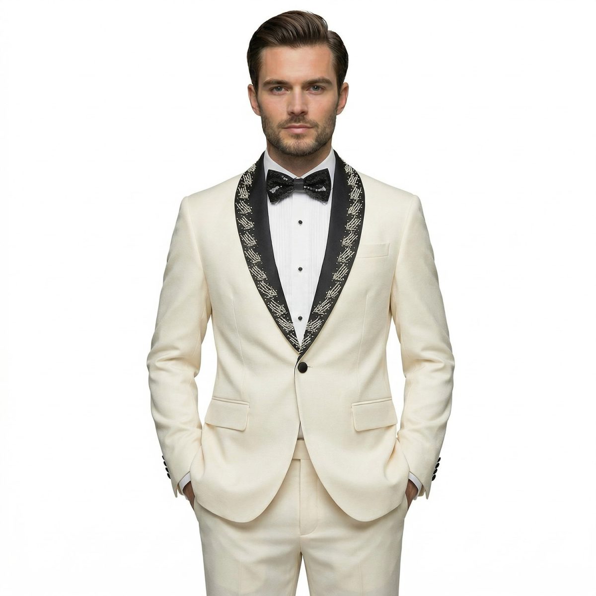 Men's Ivory Tuxedo With Embroidered Lapel