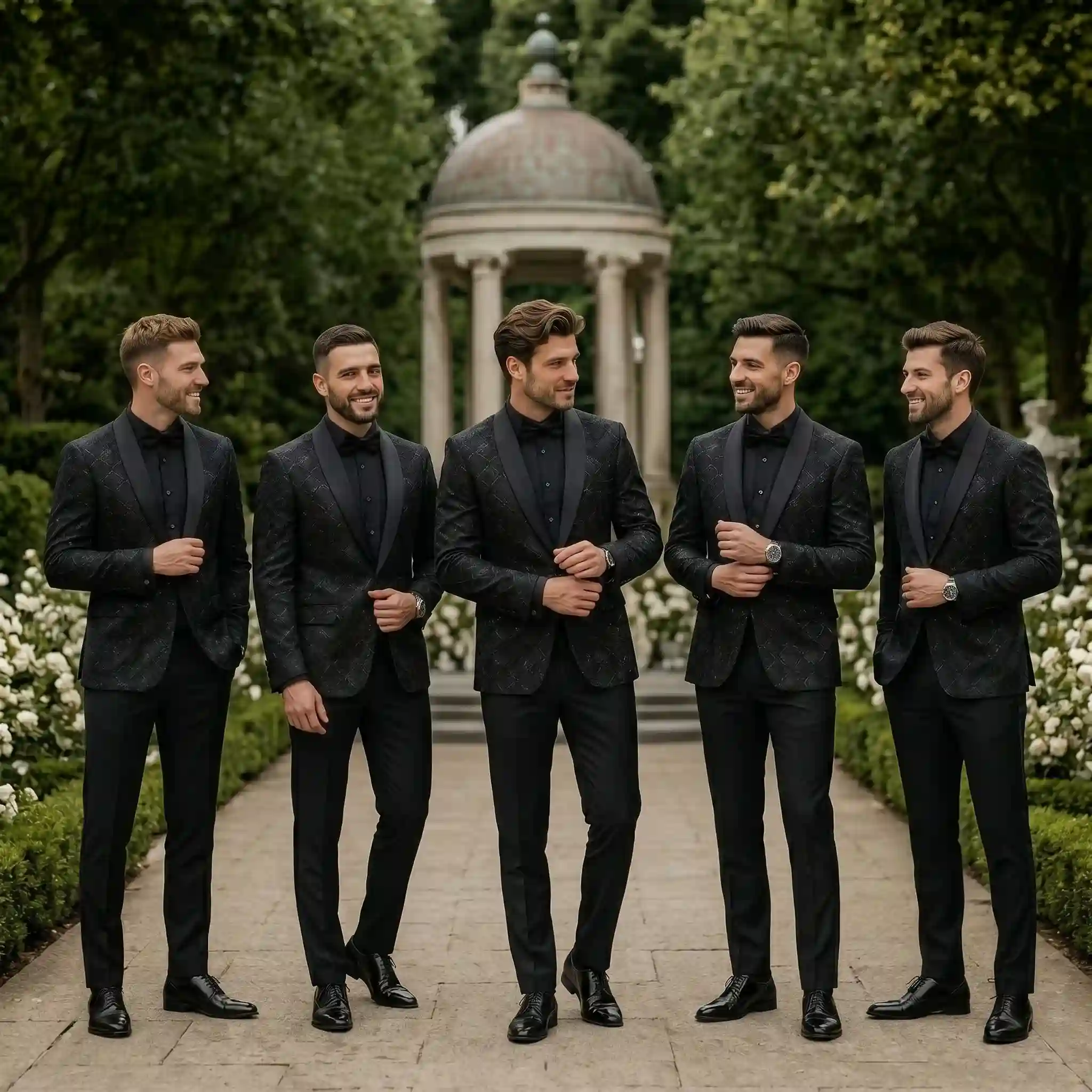 Five groomsmen in all black jacquard tuxedo suits with black shirts walking through a formal garden at wedding