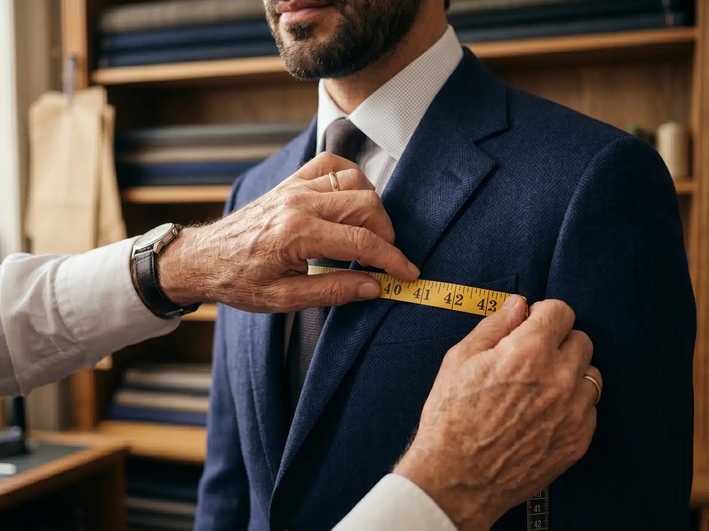 Expert tailor measuring the chest of a client wearing a navy blue bespoke suit during a custom fitting appointment