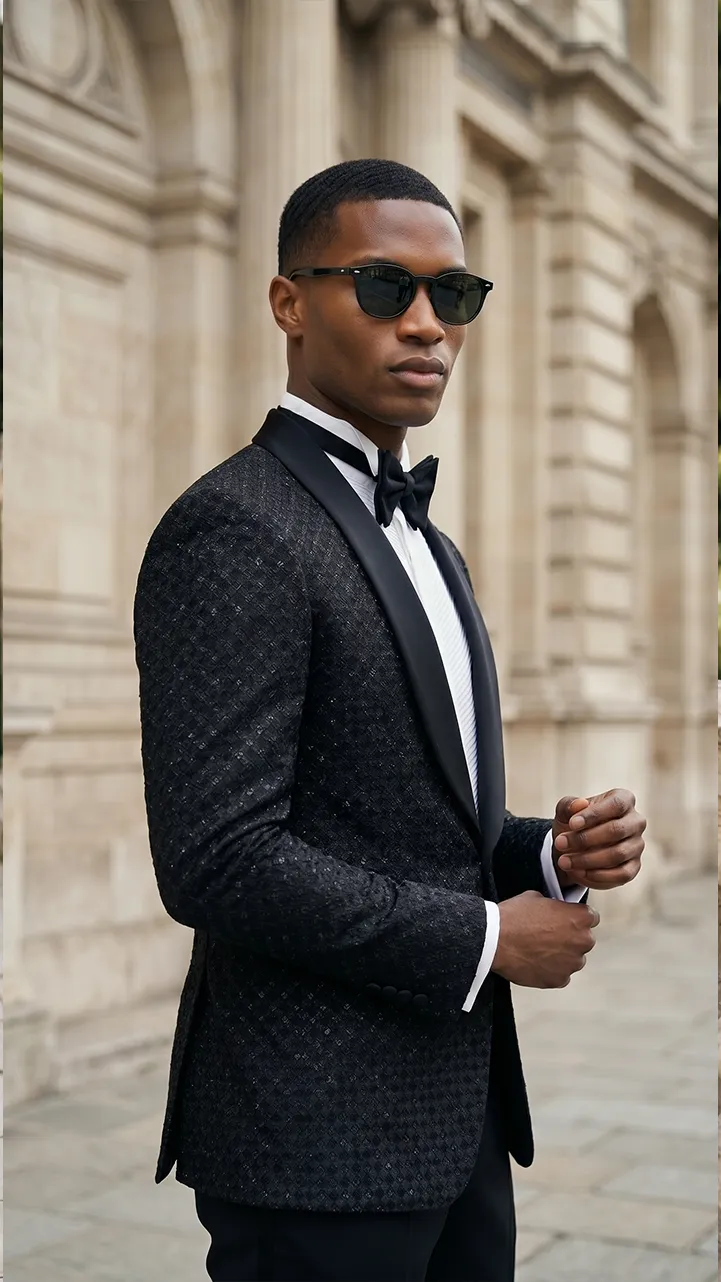 Man in a black jacquard tuxedo with shawl lapel and bow tie – Andre Emilio custom tuxedo real customer