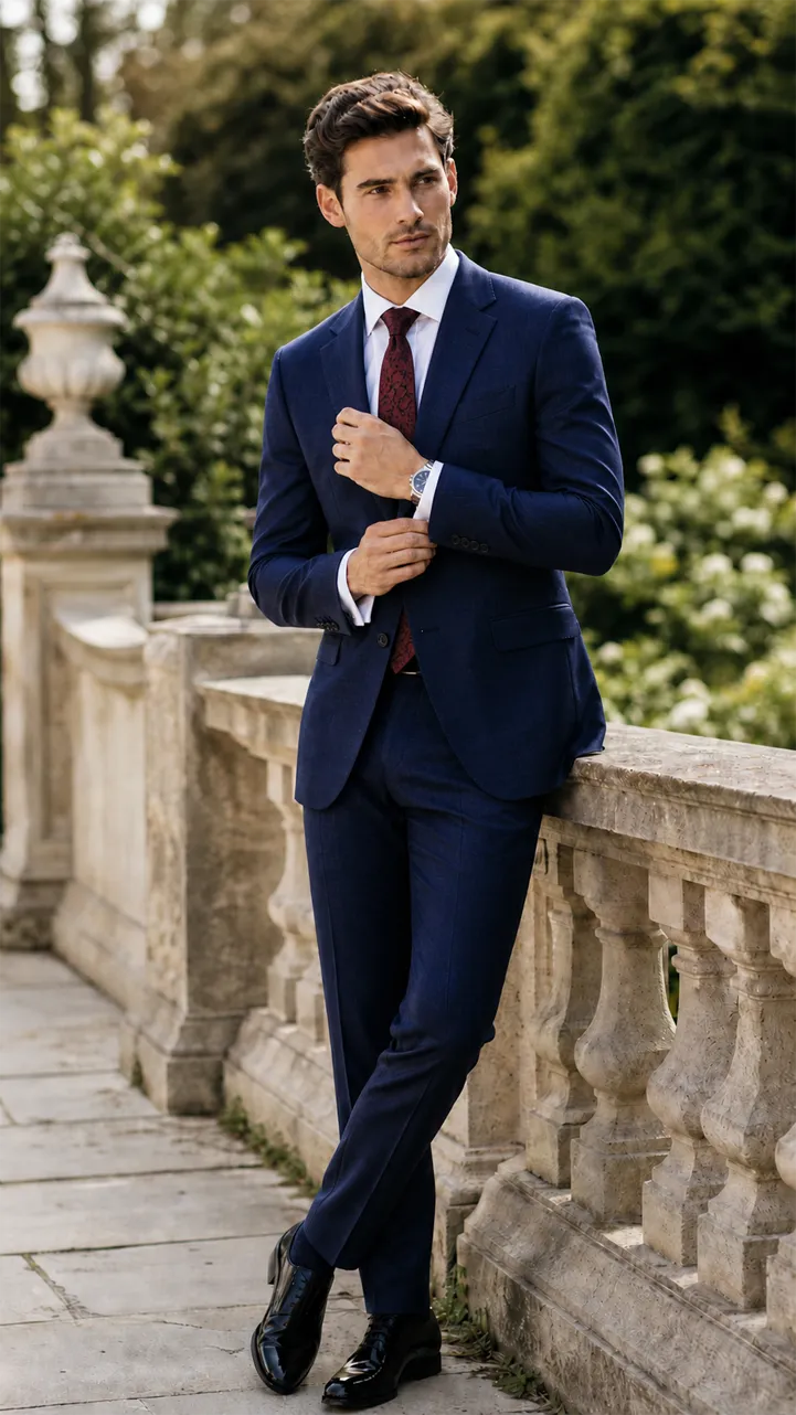 Man wearing a custom navy blue two-piece suit with burgundy tie at a garden estate – Andre Emilio real customer