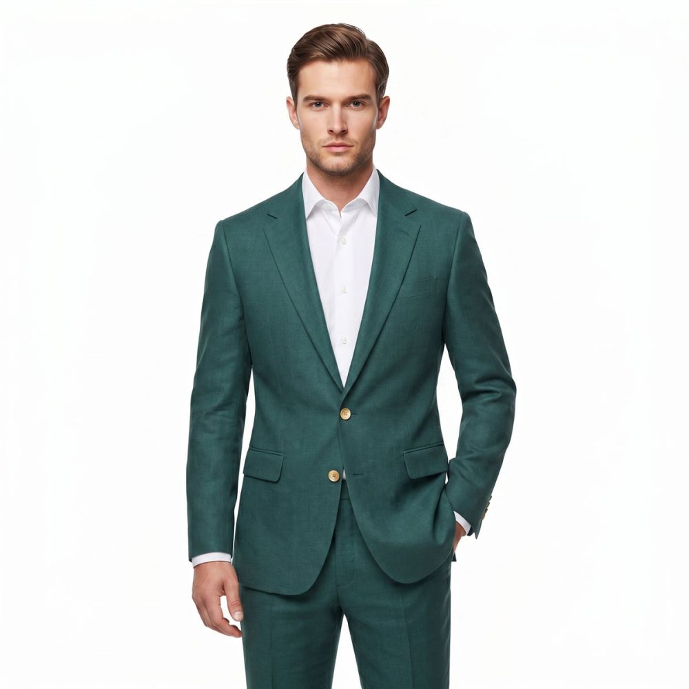 custom forest green linen suit with gold buttons – André Emilio