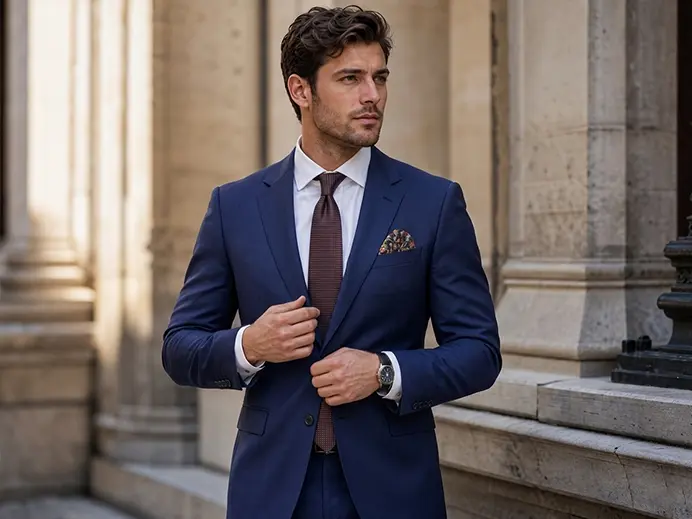 Man wearing a custom navy blue suit with floral pocket square – Andre Emilio made-to-measure suits for men