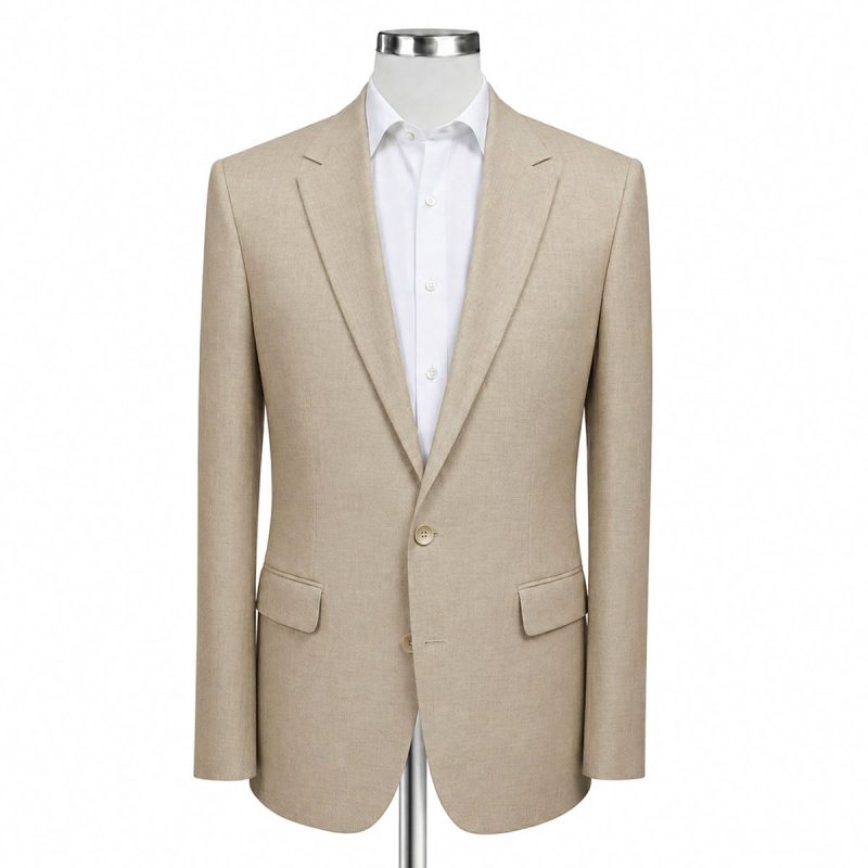 Front View Custom Beige Linen Suit Manniquin Andre Emilio