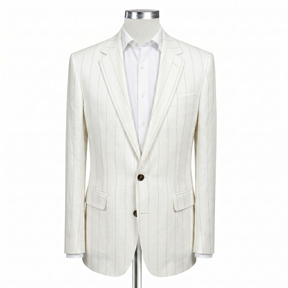 Front View Custom Ivory Pinstripe Linen Suit