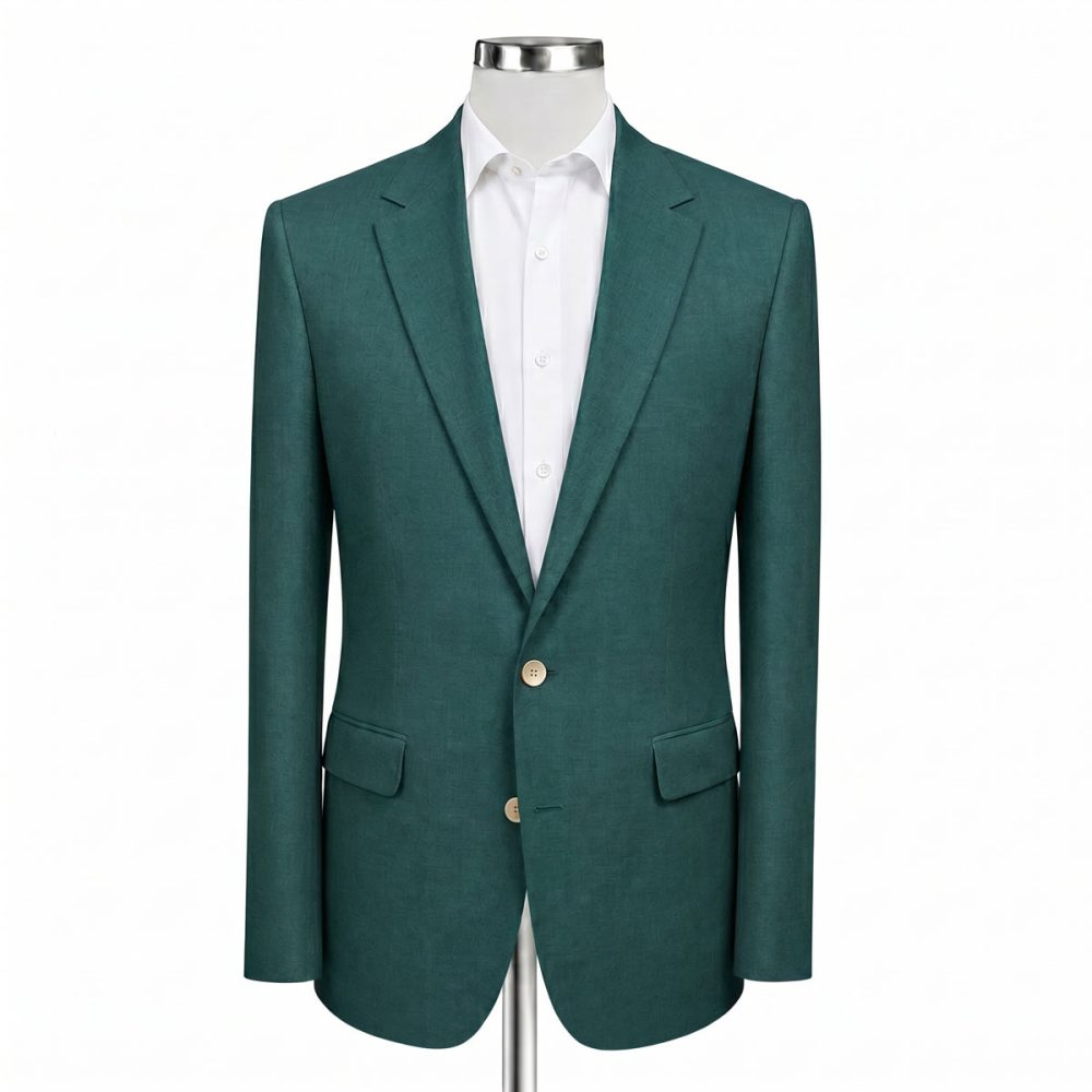 Front View Forest Green Linen Suit Gold Buttons Andre Emilio
