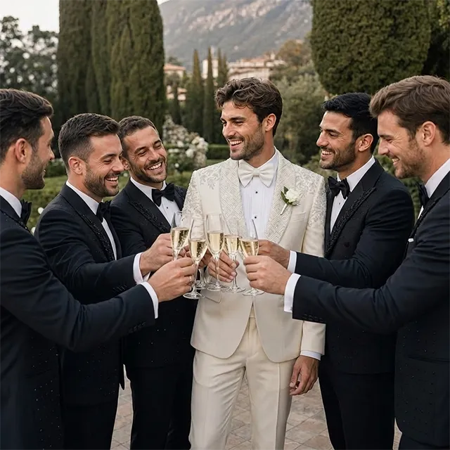 Groom in ivory embroidered wedding suit toasting champagne with groomsmen in black tuxedos at outdoor wedding venue