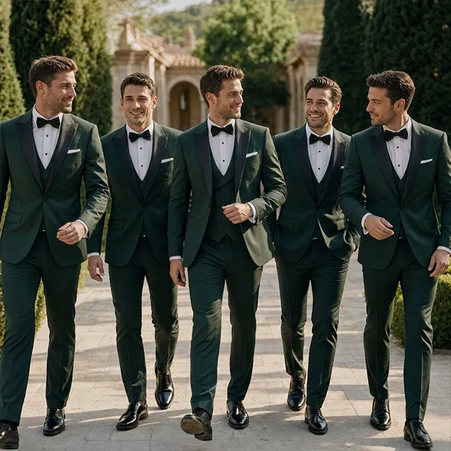 Five groomsmen walking in matching dark green three-piece suits with black bow ties at a garden wedding