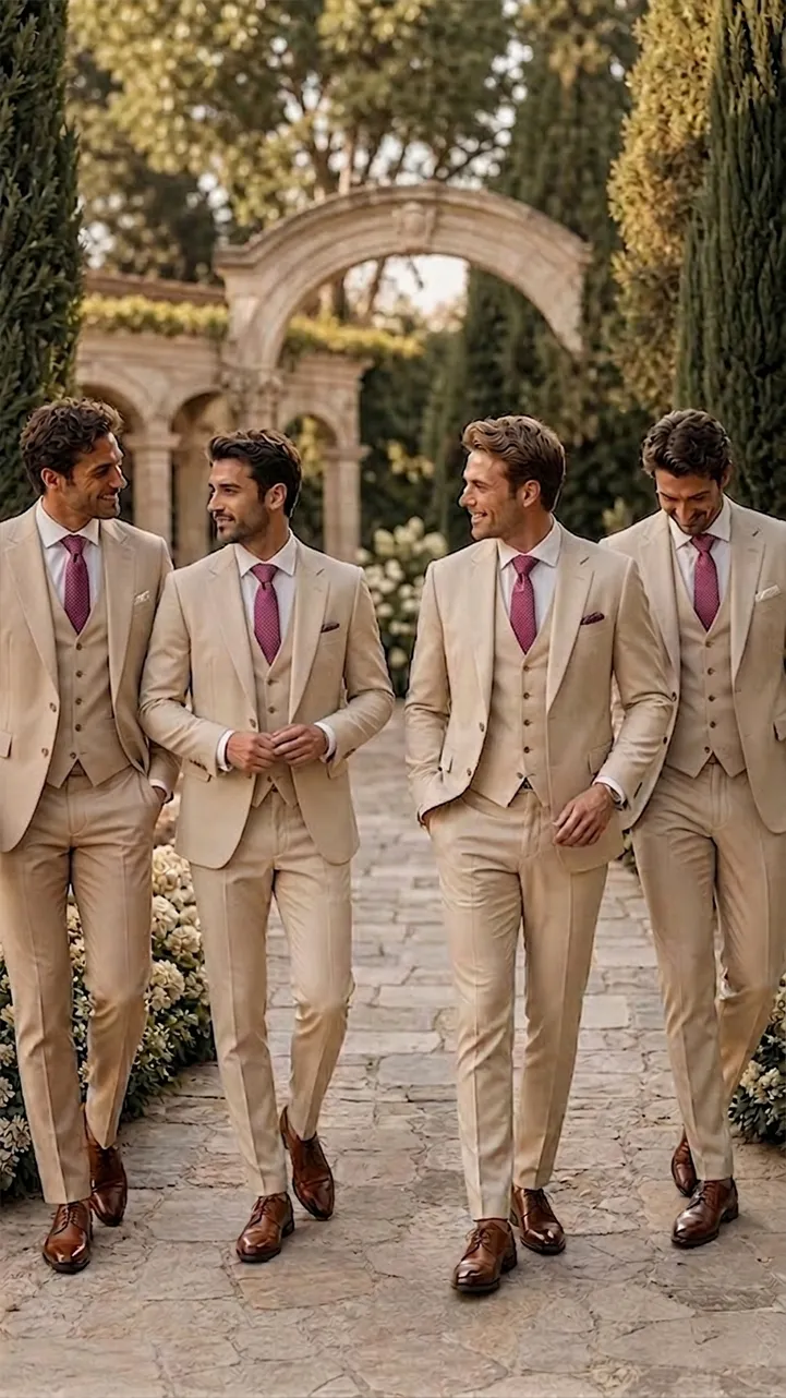Four groomsmen in matching custom beige three-piece suits with pink ties at outdoor garden wedding – Andre Emilio groomsmen suits
