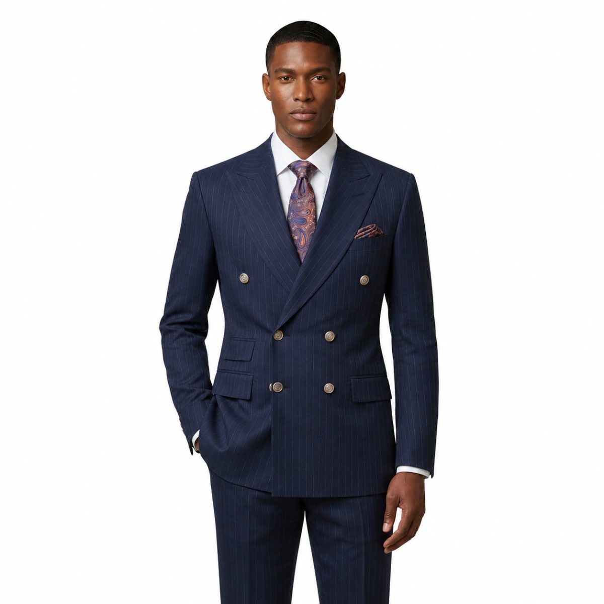 Blue Double Breasted Suit With Striped