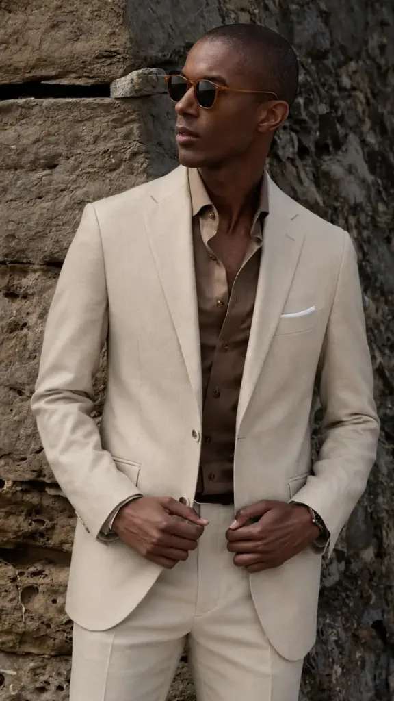 Man wearing a beige suit with a brown shirt and sunglasses.