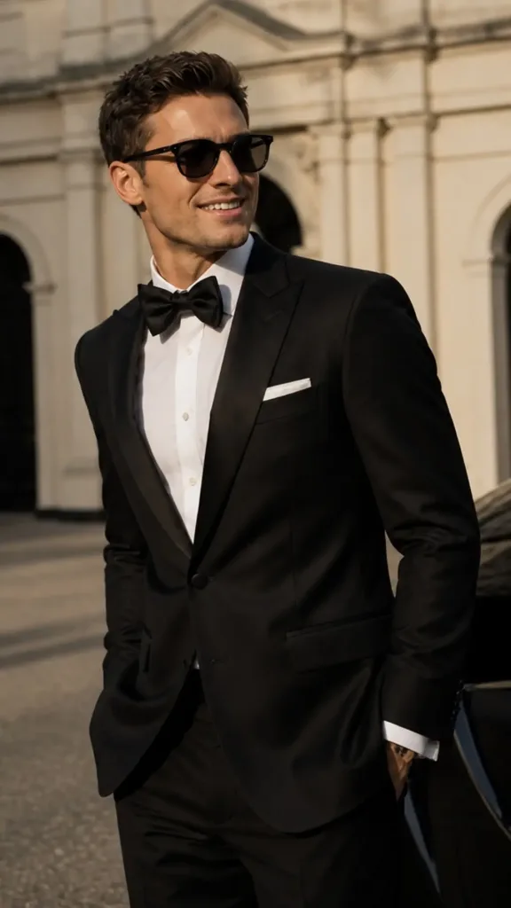 Man wearing a black tuxedo, bow tie, and sunglasses for a formal eveningwear look.