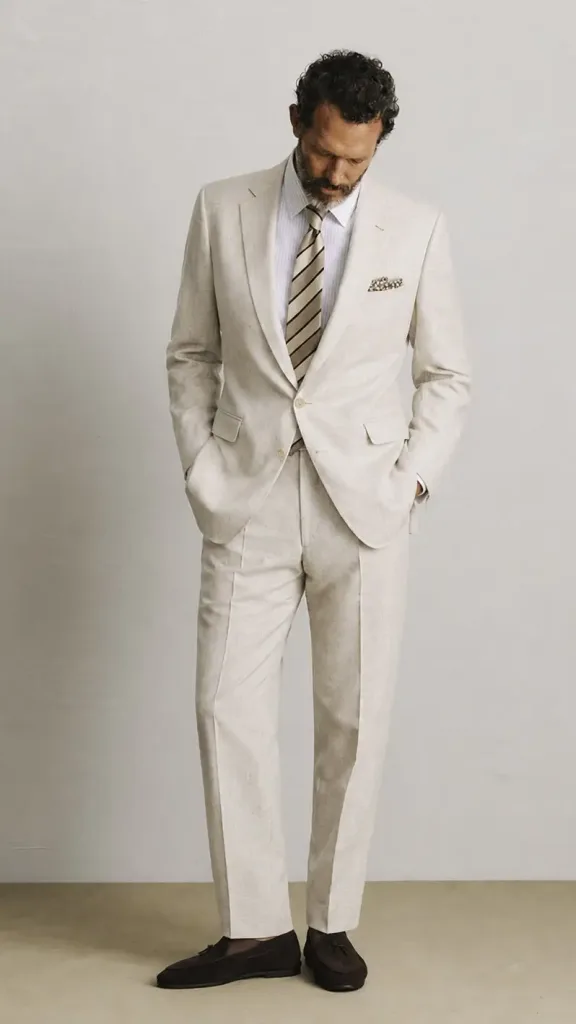 Man wearing an stone white suit with a striped tie and pocket square.