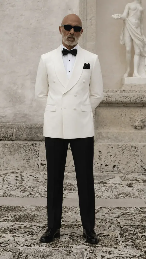 Man wearing a white double-breasted dinner jacket with black tuxedo trousers.