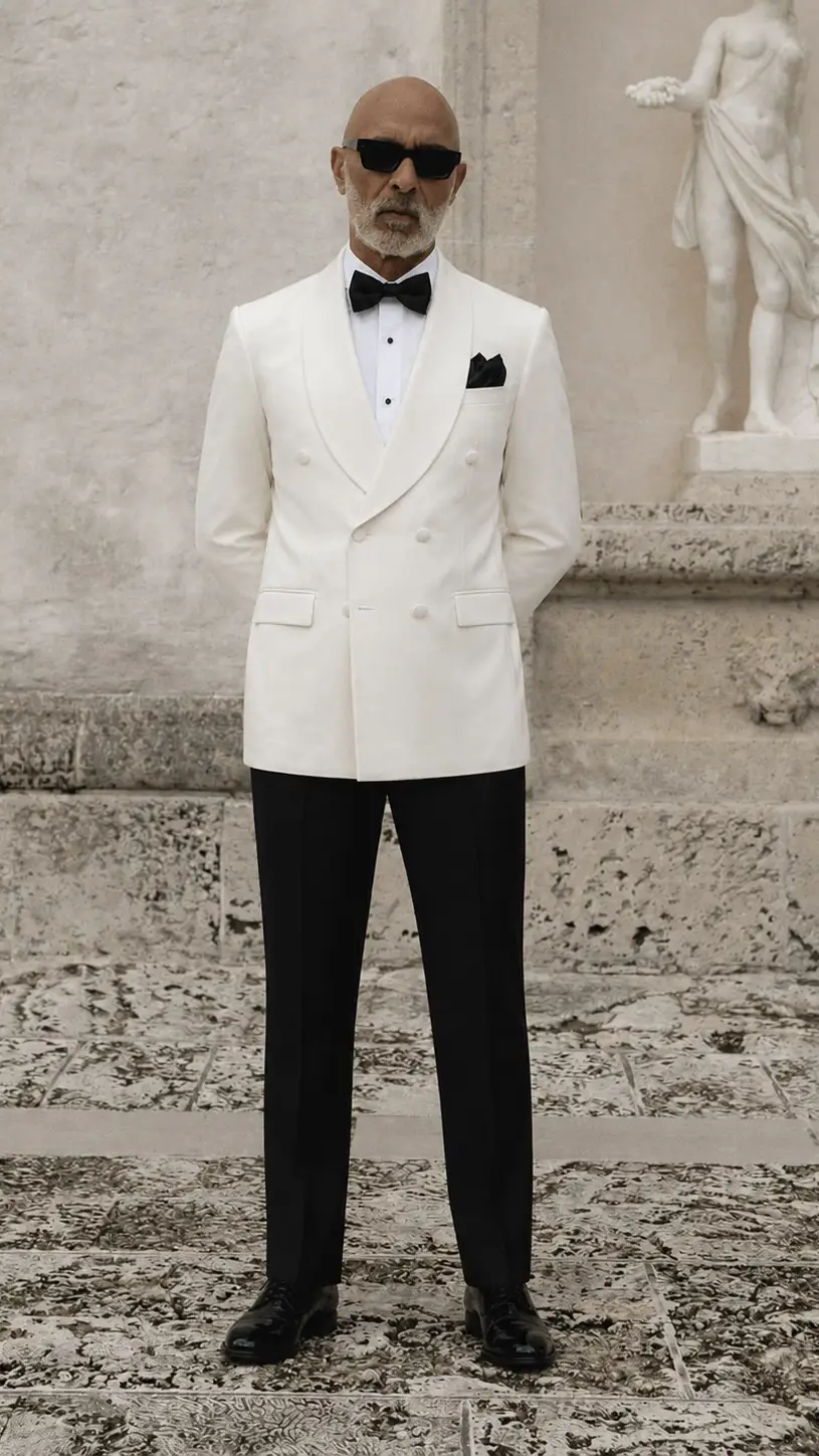 Man wearing a white double-breasted dinner jacket with black tuxedo trousers.