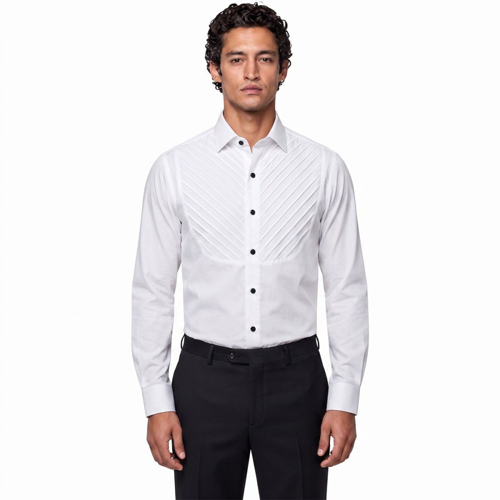 Andre Emilio Diagonal Pleated Tuxedo Shirt Men Model