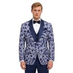 Andre Emilio Luxury Grey Tuxedo With Navy Blue Embroidery