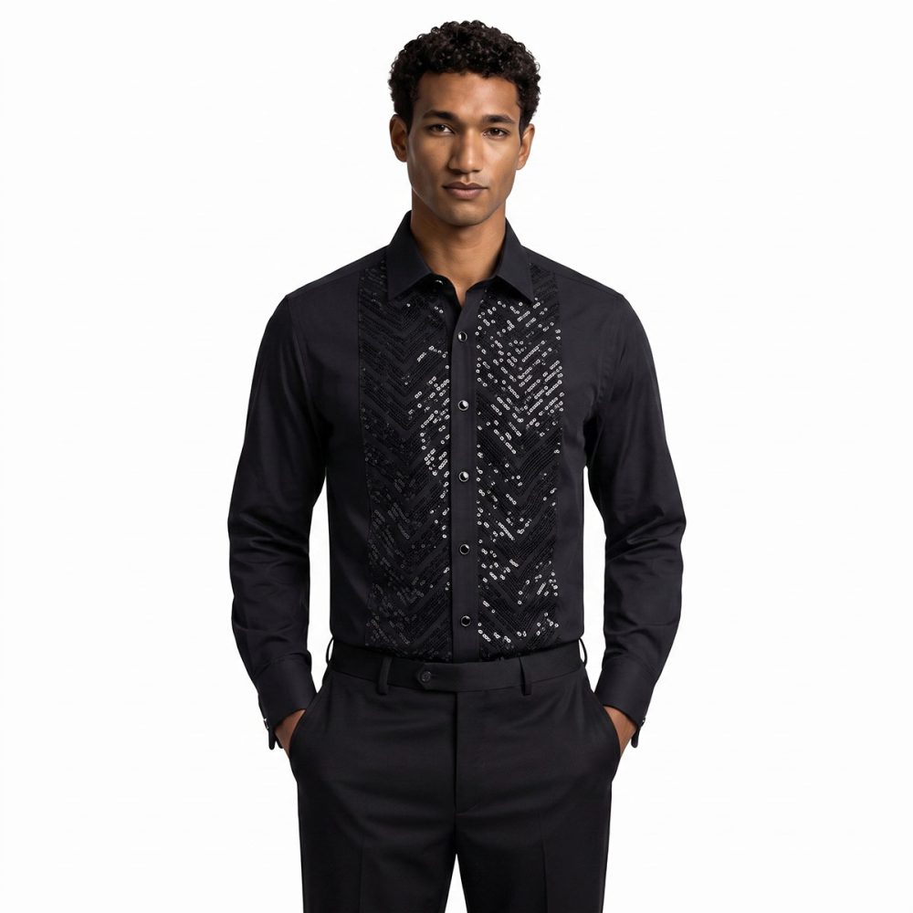 Man wearing black sequin chevron tuxedo shirt with black formal trousers