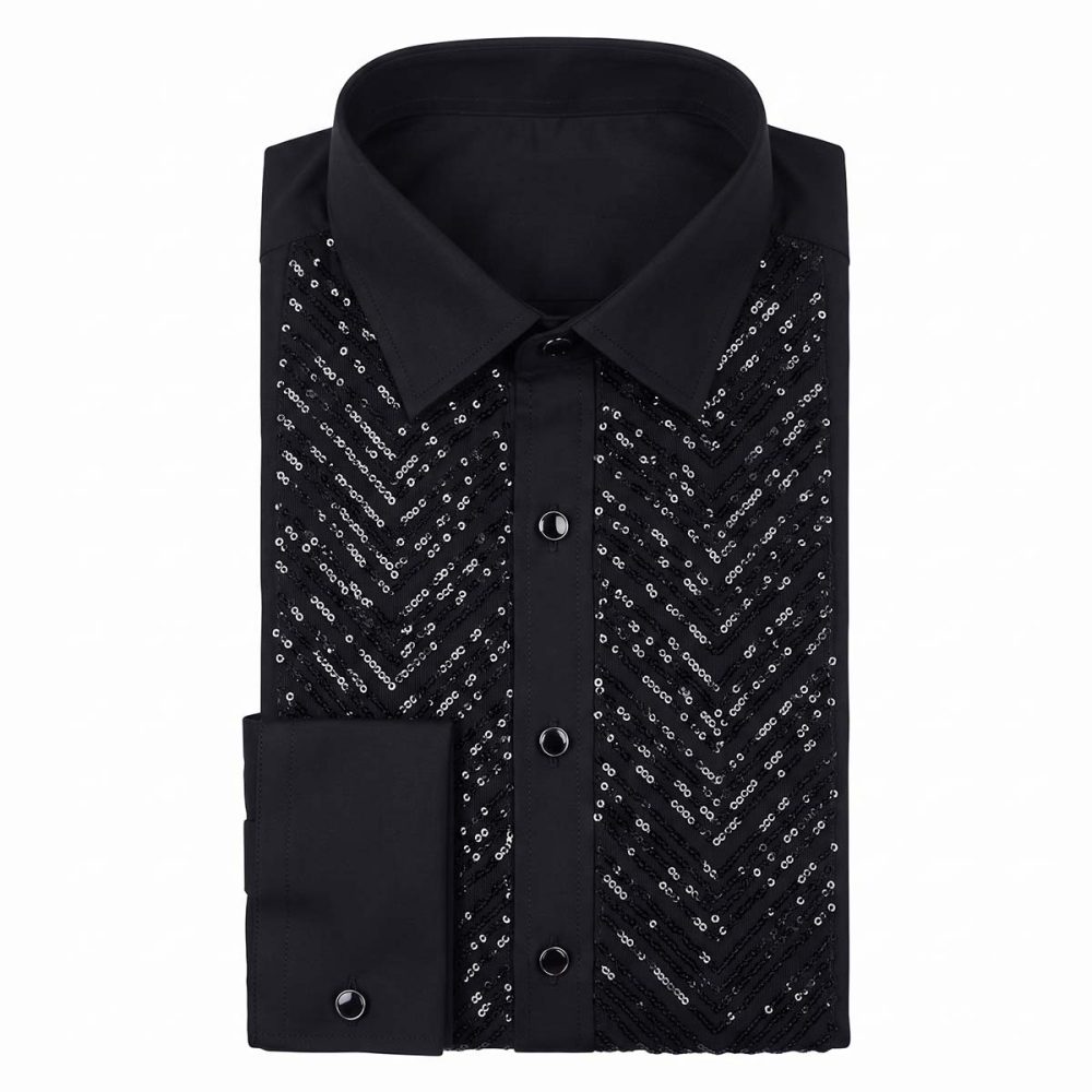 Folded black tuxedo shirt showing sequin chevron pattern on placket