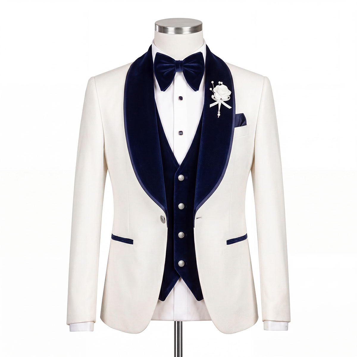 Full ivory tuxedo jacket and blue velvet waistcoat set on mannequin