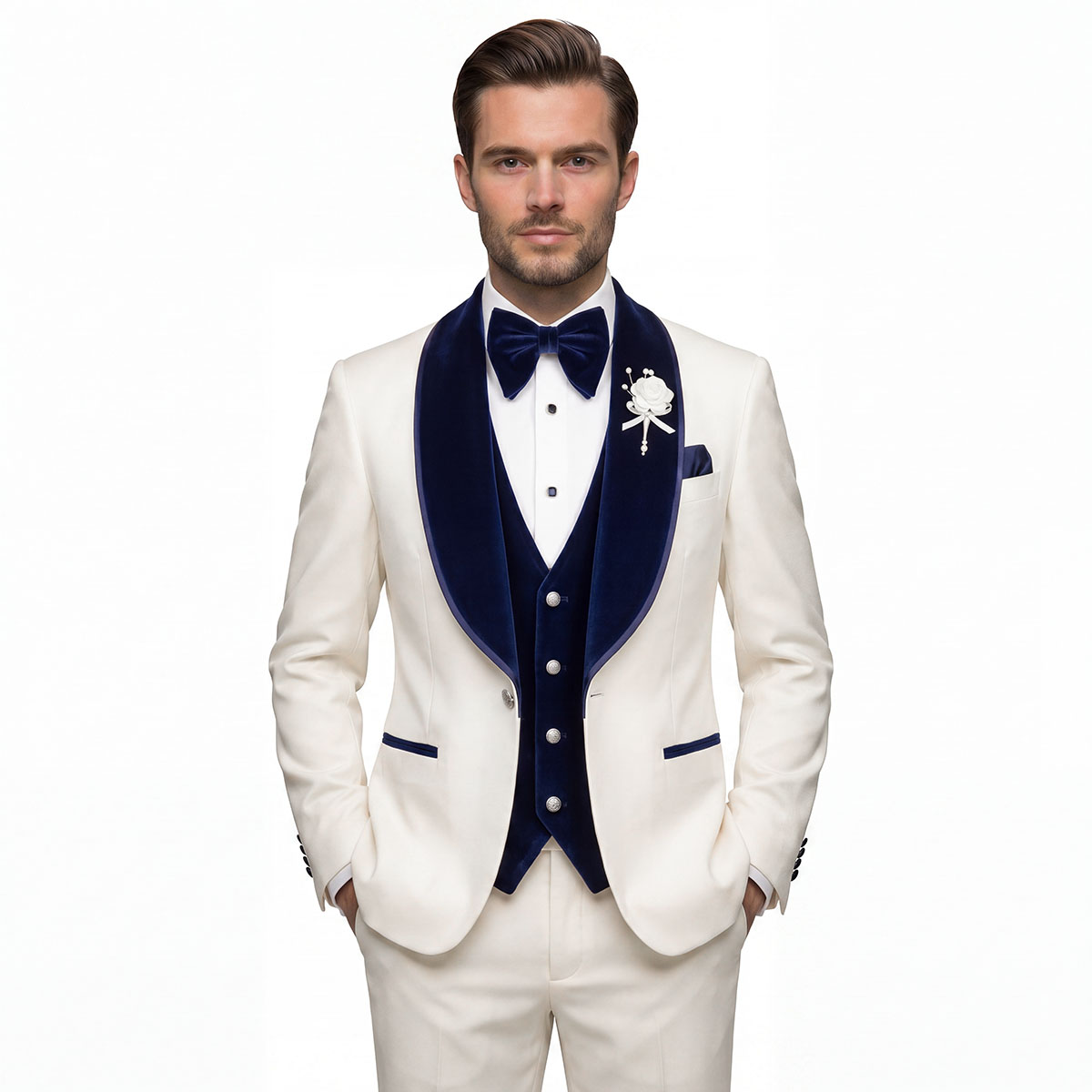 Man wearing custom ivory tuxedo with blue velvet shawl lapel and boutonniere